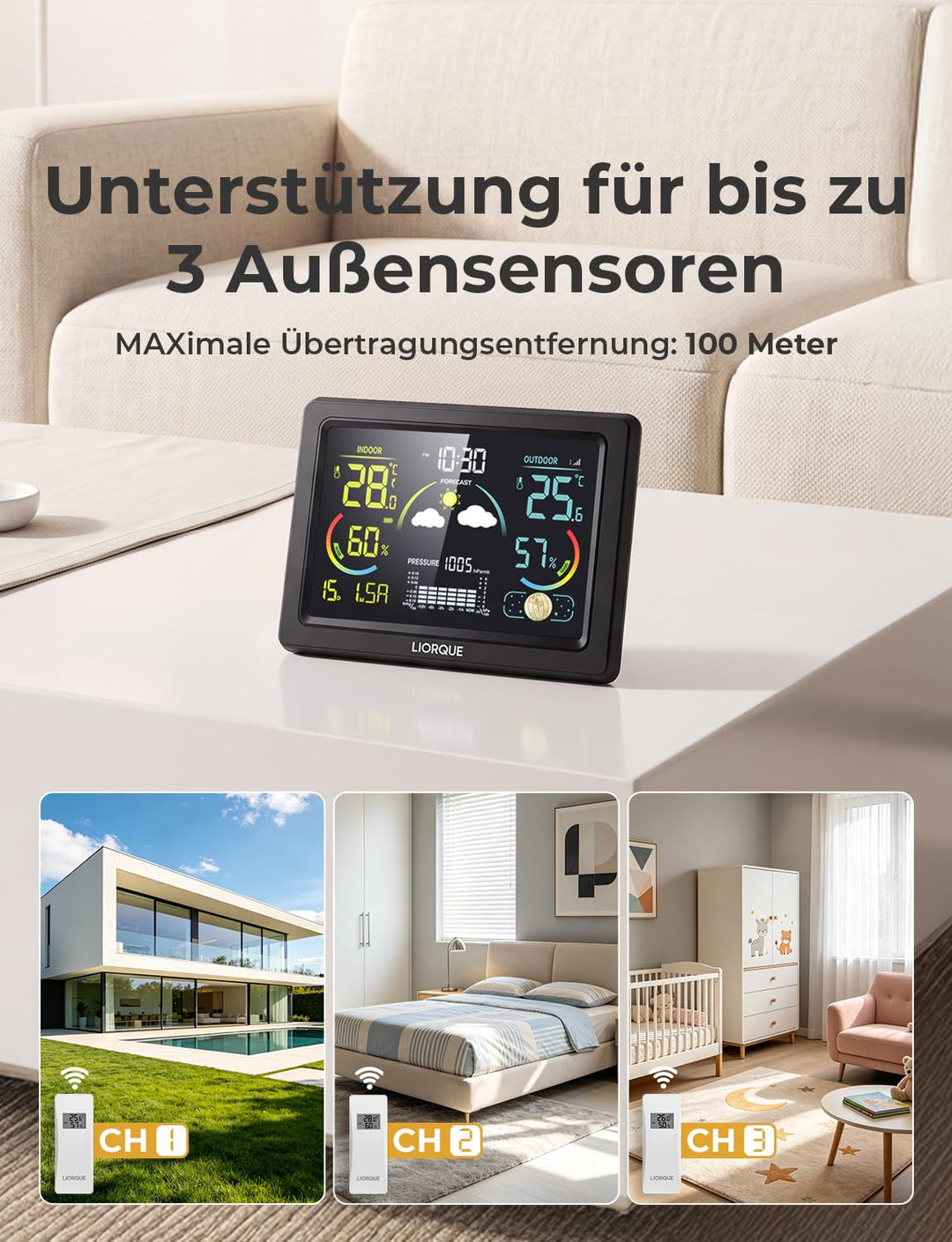 LIORQUE Wetterstation Funk mit Aussensensor, DCF Funkuhr, Funkwetterstation mit Wettervorhersage, In