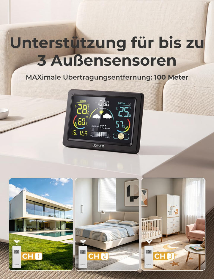 LIORQUE Wetterstation Funk mit Aussensensor, DCF Funkuhr, Funkwetterstation mit Wettervorhersage, In
