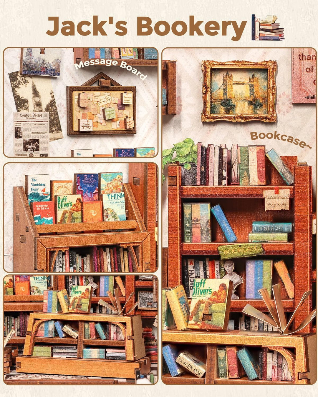 CUTEBEE Book Nook Kit - DIY Miniaturhaus Kit (Bücherregal-Szene), 3D Holzpuzzle Mini Haus Bausatz mi