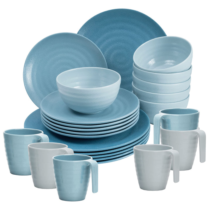 Camping Geschirr Set aus Melamin 6 Personen Tellern Tassen 24 Teile Blau