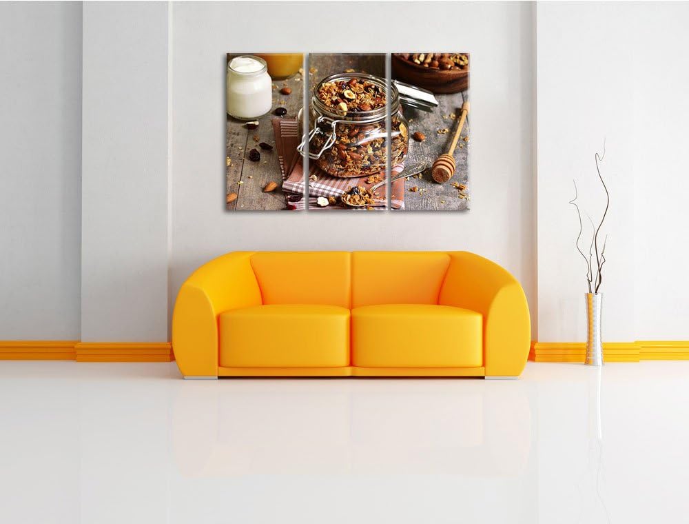 Honig Müsli im Glas als 3-Teiler Leinwandbild 120x80 Bild auf Leinwand, XXL riesige Bilder fertig ge