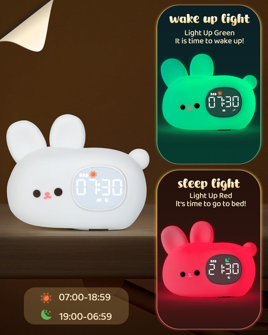 Yiliaw Hasen Kinderwecker mit Nachtlicht – Schlaftrainer & Aufwachuhr, wiederaufladbare Silikonlampe