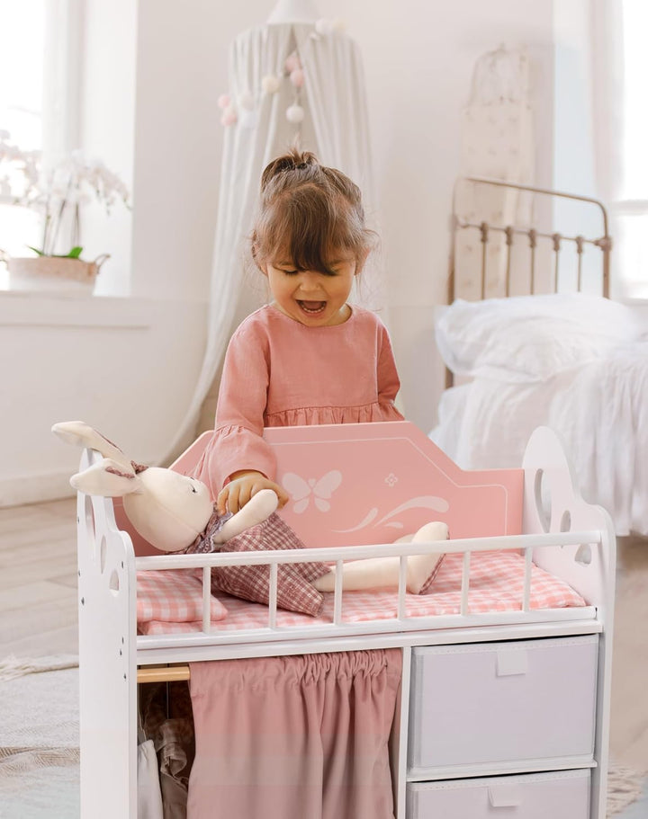 ROBOTIME Holz Puppenbett für Kinder, Baby Puppenbett mit Aufbewahrungsschrank und Bettwäsche, Puppen