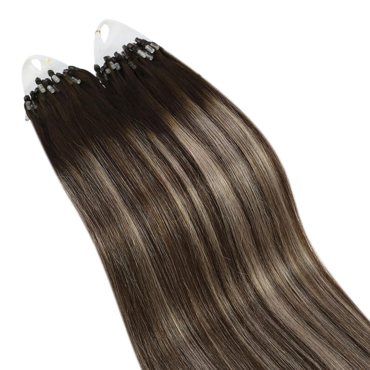 Ugeat Microring Loop Extensions Echthaar 60cm 1g/Strähnen Balayage Dunkelbraun mit Aschblond Loop Ex