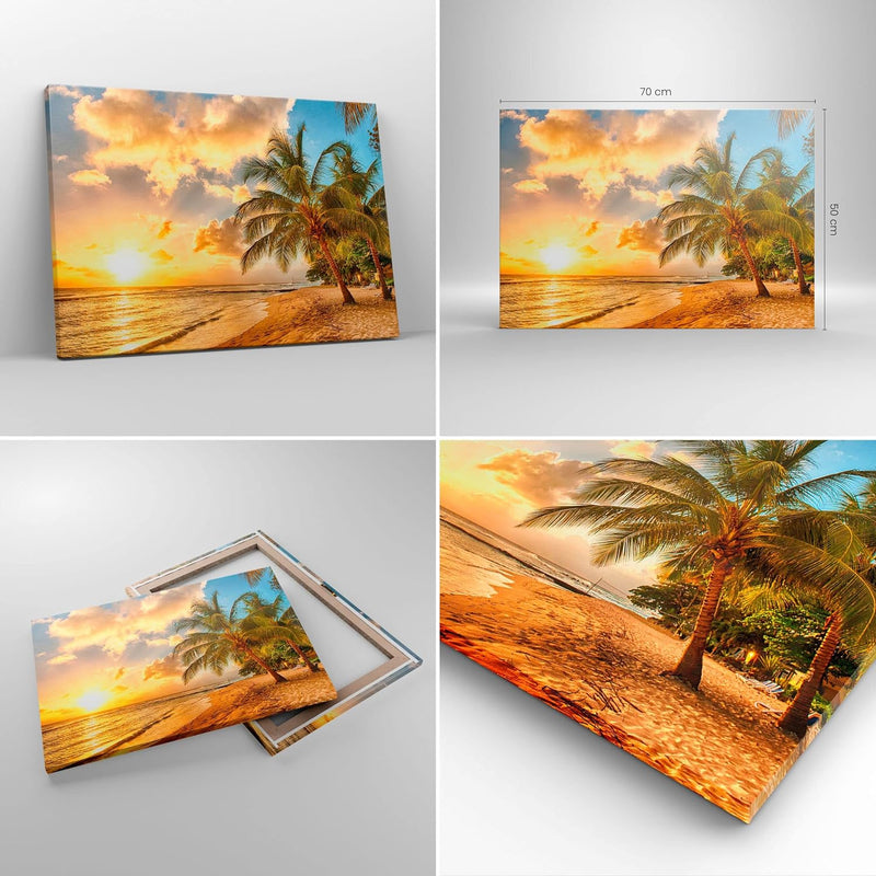 Bilder auf Leinwand Strand Meer Palme Leinwandbild mit Rahmen 70x50cm Wandbilder Dekoration Wohnzimm