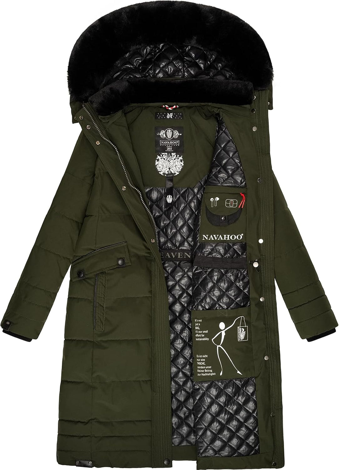 Navahoo Damen Wintermantel Warmer Steppmantel lang mit Abnehmbarer Kapuze Fahmiyaa XS-3XL XL Olive,
