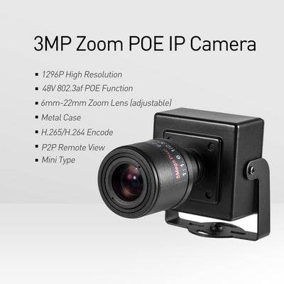 Revotech Zoom Mini POE IP Kamera, HD 3MP Kleine Indoor Überwachungskamera, 6-22 mm manuelles Zoomobj