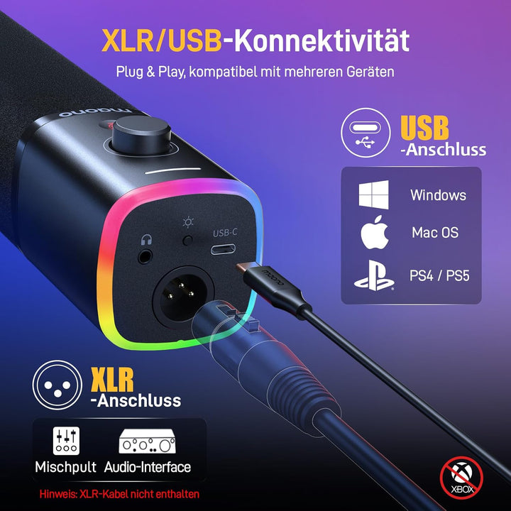 MAONO XLR-USB Streaming Mikrofon mit Arm: Dynamisches Mikrofon mit Software, Stummschalttaste, Gain-