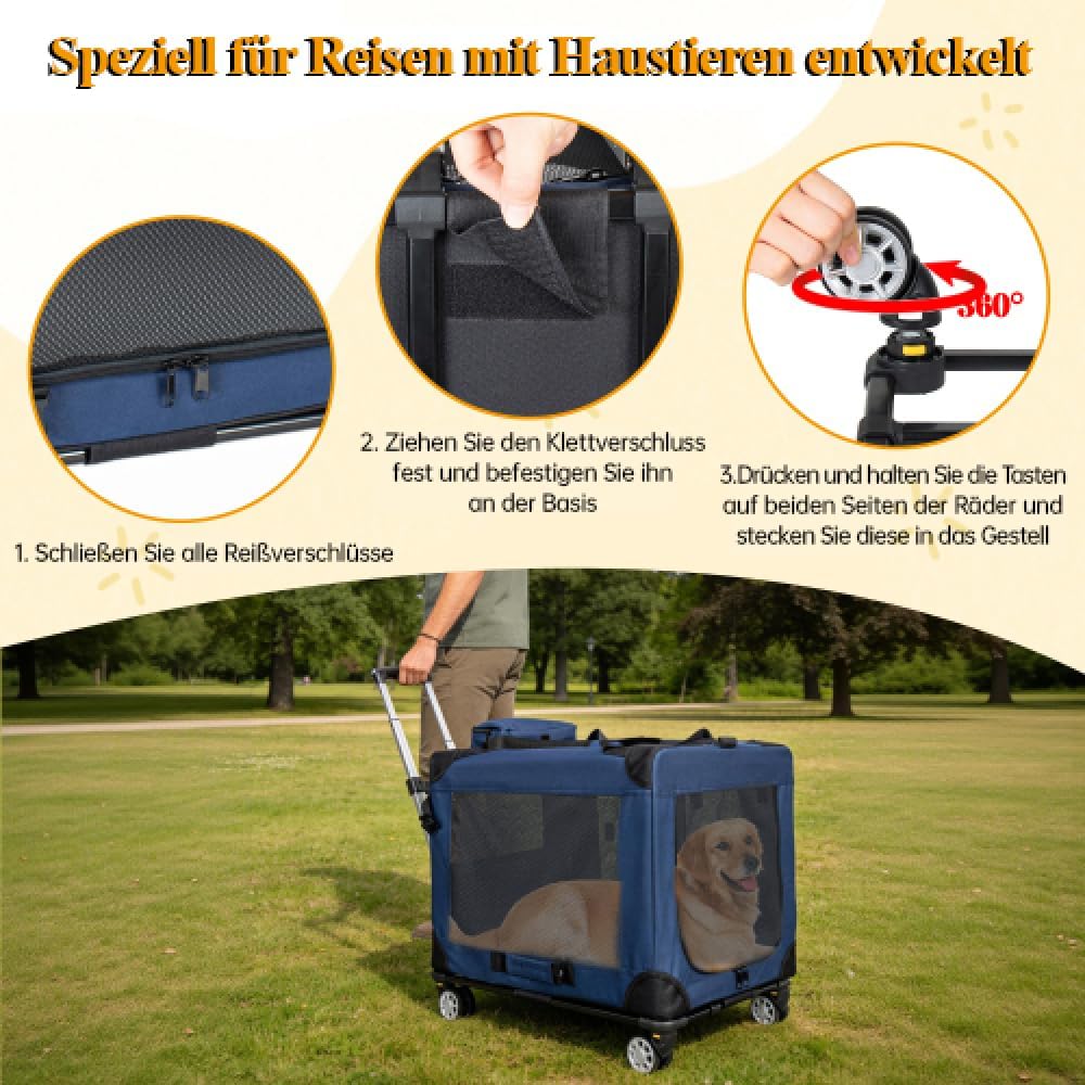 Dunkelblaue Tiertransportbox, 2-in-1 Faltbare Hundetransporttasche mit Rollen, Belüftete Haustierbox