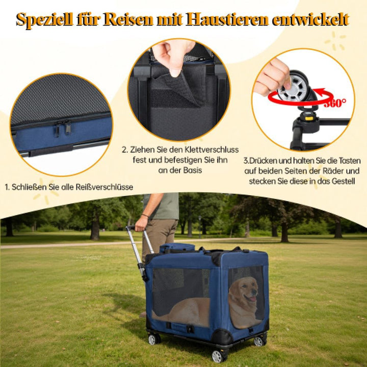 Dunkelblaue Tiertransportbox, 2-in-1 Faltbare Hundetransporttasche mit Rollen, Belüftete Haustierbox