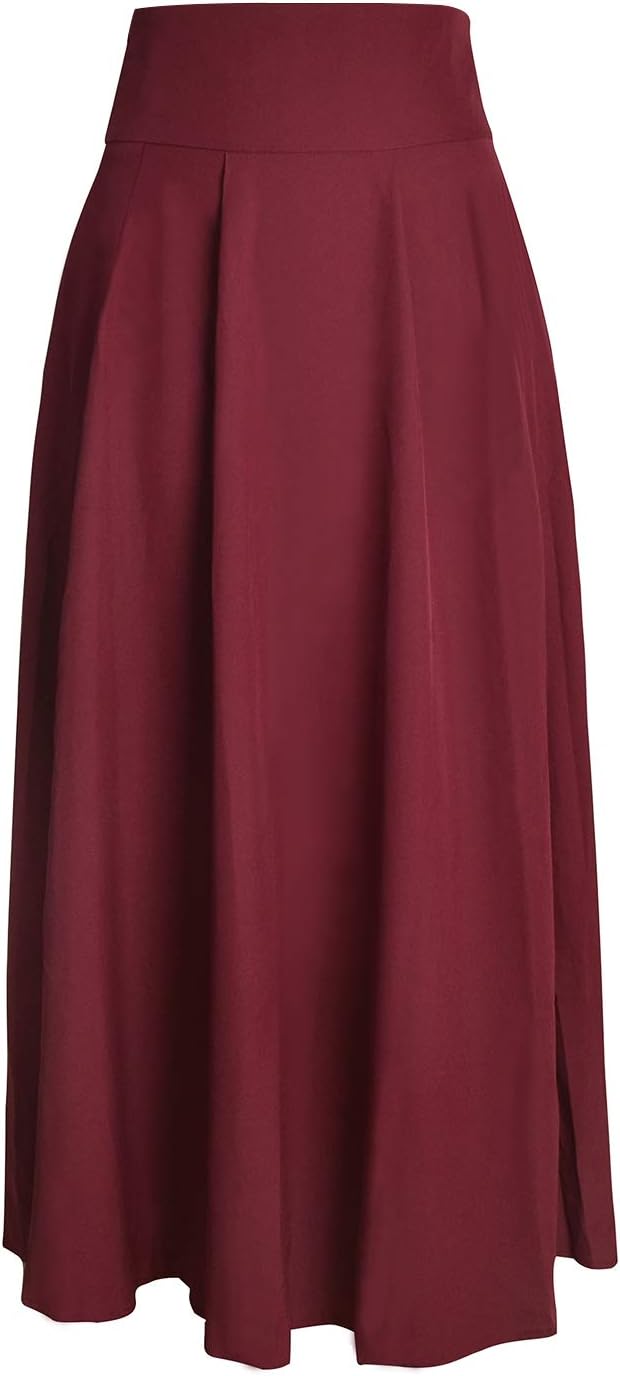 Damen High Waist Maxirock Taschen mit Seitenschlitz Langer A-Linie Rock S 0 Burgundisch, S 0 Burgund