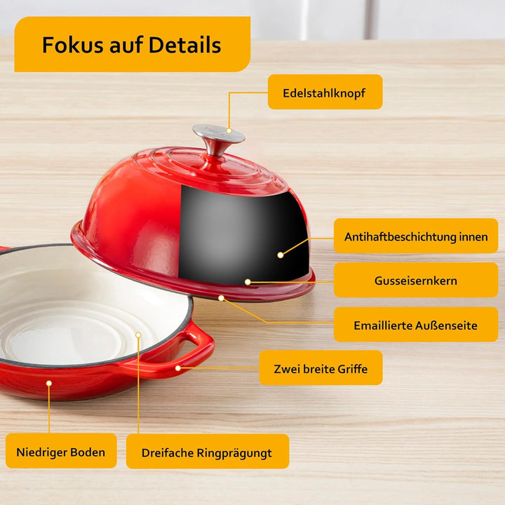 Velaze Emaille Schmortopf mit Deckel und Griffen, 4,8L Gusseisen Topf Brot Backen, 26 cm Brotbacktop