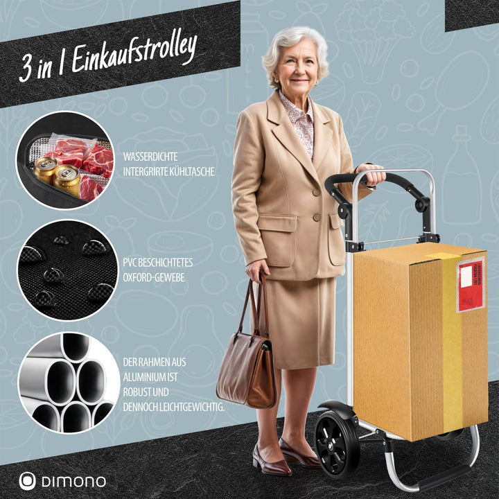 Dimono® Einkaufstrolley Rolltex Klappbarer 3 in1 Trolley zum Einkaufen; 56 Liter inkl. Kühlfach; Tra