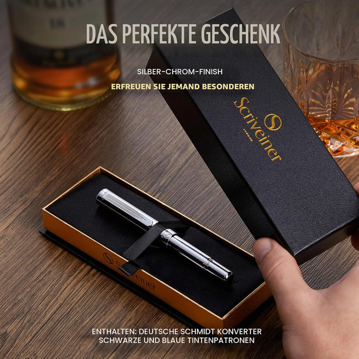 Scriveiner Luxury EDC Füllfederhalter (mittel), schwerer Taschenfüller mit Chrom, Schmidt Schreibfed