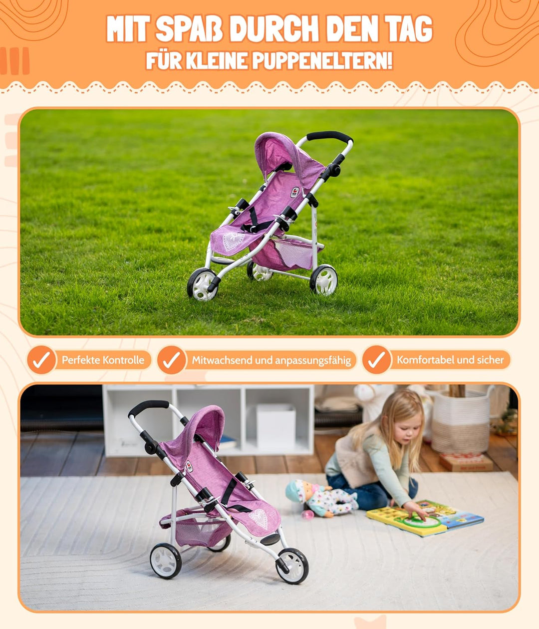 Bayer Chic 2000 - Puppenbuggy Lola, Jogging-Buggy, Puppenjogger, Puppenwagen, Jeans pink, 612-62, Je