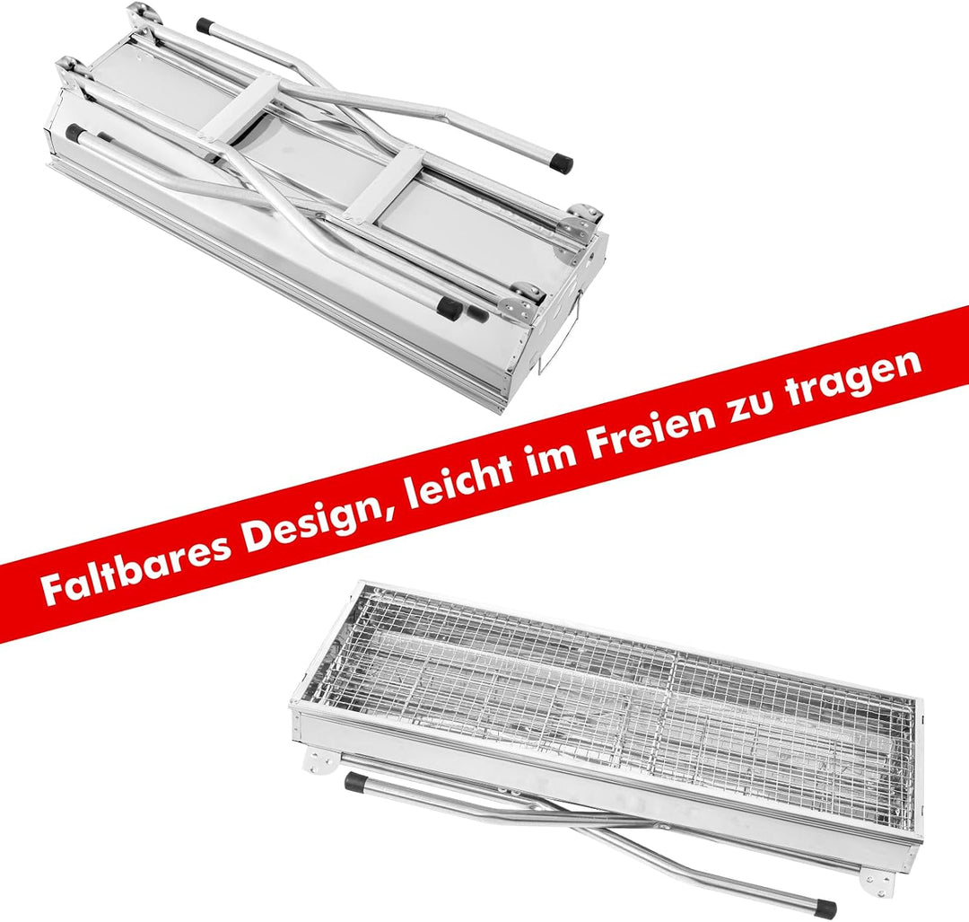 Klappgrill Holzkohlegrill Edelstahl mit Ablage &amp; Gewürzboard | lang 100cm | Faltbarer Portable Schas