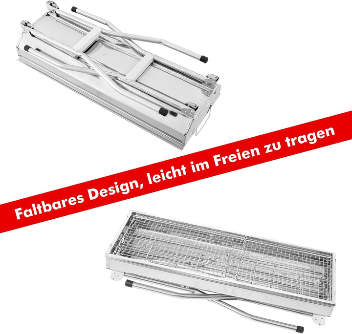 Klappgrill Holzkohlegrill Edelstahl mit Ablage &amp; Gewürzboard | lang 100cm | Faltbarer Portable Schas