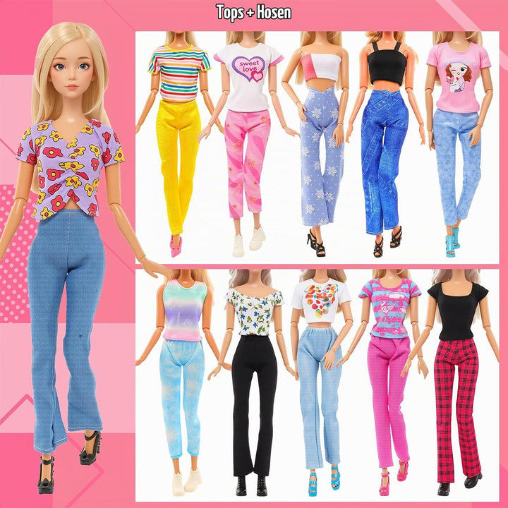 82 Stück Puppenzubehör 5 Abendkleider 3 Outfits 8 Kleider 2 Badeanzüge 15 Schuhe und 49 Puppenzubehö