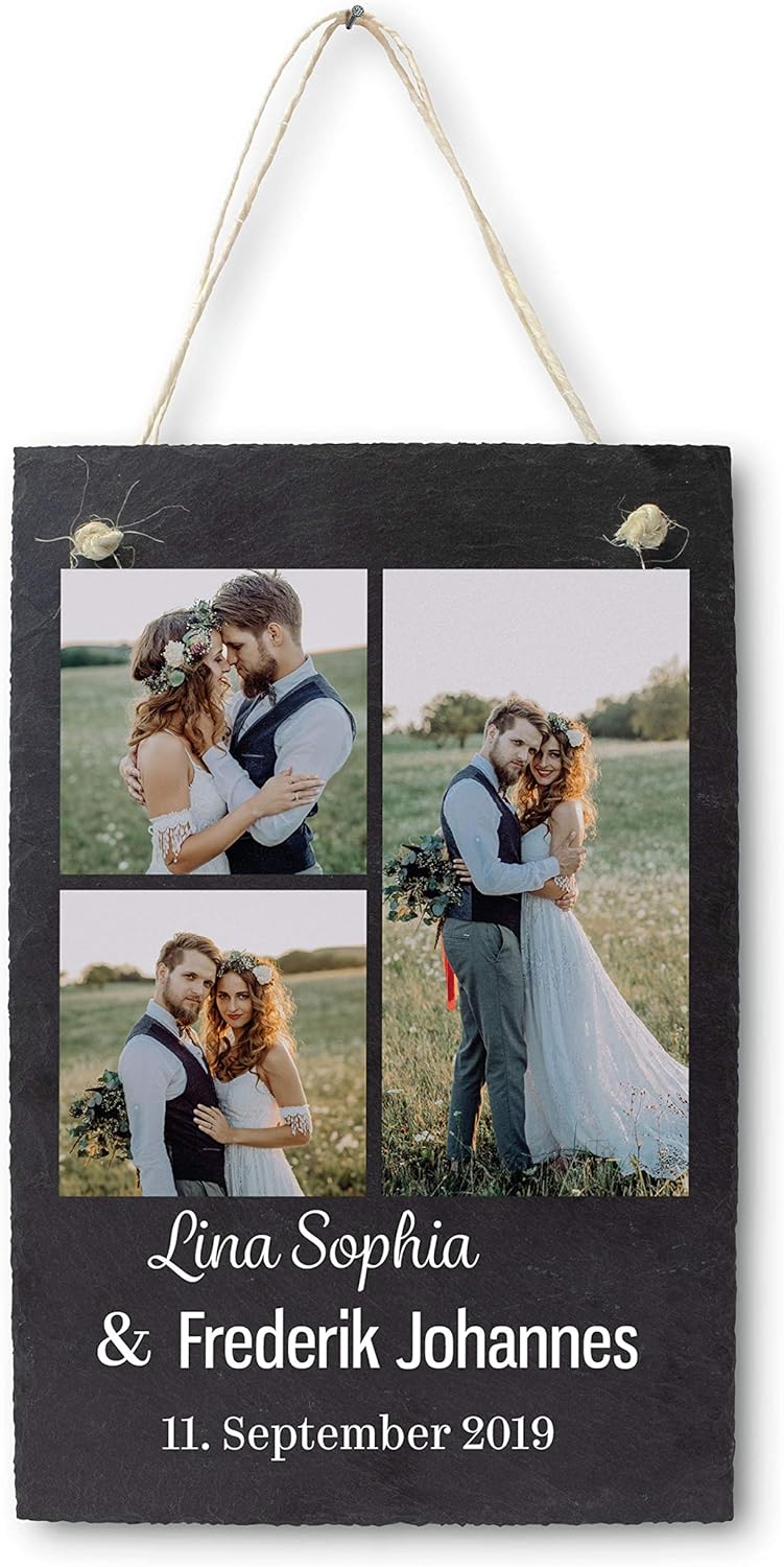 wandmotiv24 Schiefertafel Hochzeit, Aufhängeschild mit Strick, Personalisierbar Digitaldruck 3 Farbf