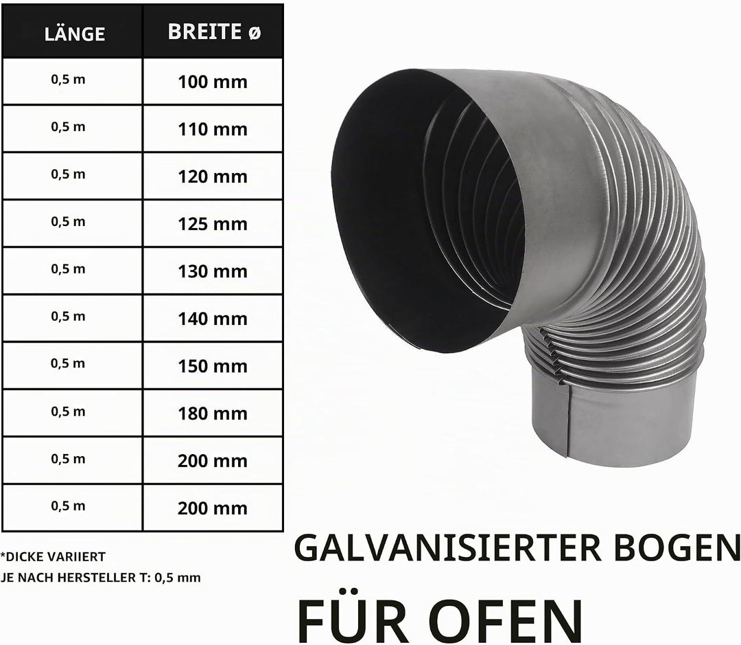 Ofenrohre Rauchrohr für Kaminöfen Ofenknie Kaminrohr Abgasrohr 90° Bogen ∅120mm Metall Komponenten d