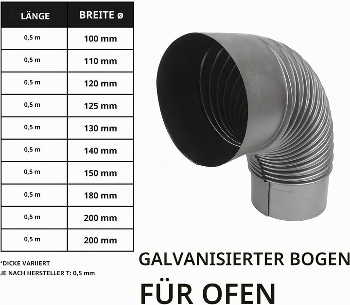 Ofenrohre Rauchrohr für Kaminöfen Ofenknie Kaminrohr Abgasrohr 90° Bogen ∅120mm Metall Komponenten d