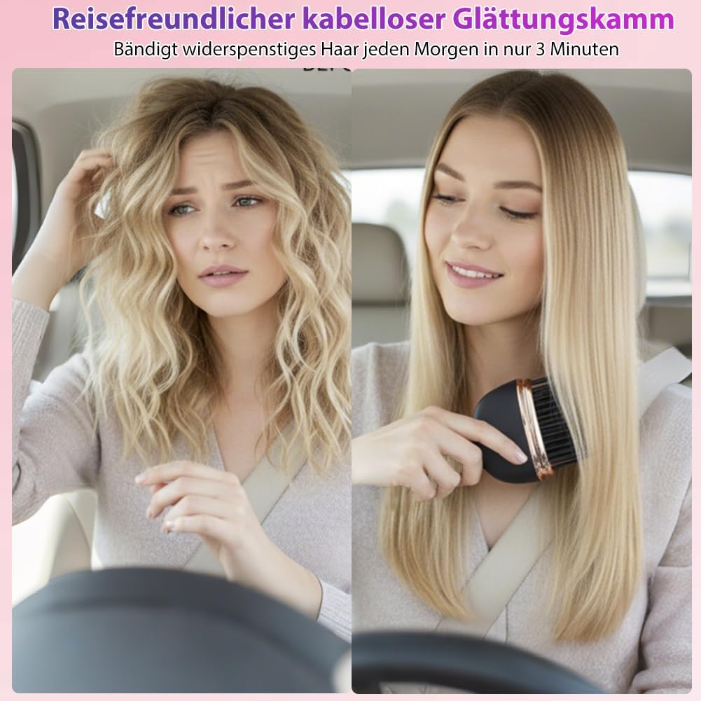 Mini Glätteisen Kabellos, 3 Temperaturstufen Haarglätter Bürste, Wiederaufladbare Tragbare Glättbürs
