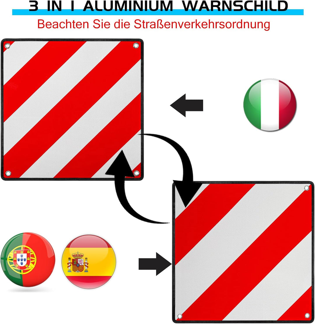 Aluminium Warntafel 3in1 Italien, Spanien & Portugal - inkl. 4x Spanngurte + Schutzecken, 50x50cm Re