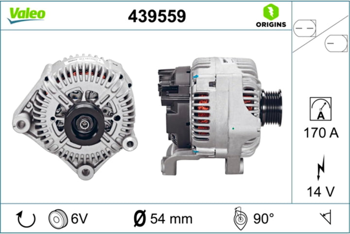 VALEO 439559 Generator Ladestrom des Generators: 170 Amp Rippen: 6 rippen Riemenscheibe Ø: 54 mm Spa