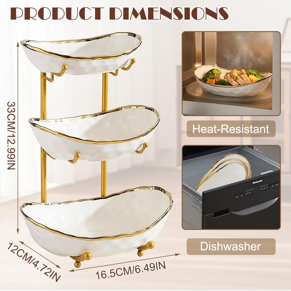 3-Schicht Obstschale Keramik mit Metallgestell, Obstschale Etagere, Elegante Etagere zum Servieren v