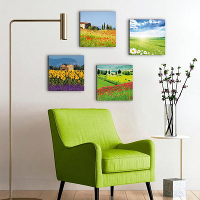 ARTLAND Leinwandbilder auf Holz Wandbild Bild Set 4 teilig je 40x40 cm Quadratisch Landschaft Blumen