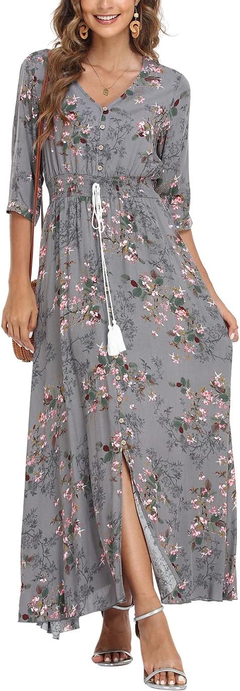 VOGMATE Damen Lange Split Knopf Up Sommer Maxikleid Floral Strandwear Holidy Kleid Hohe Taille mit k