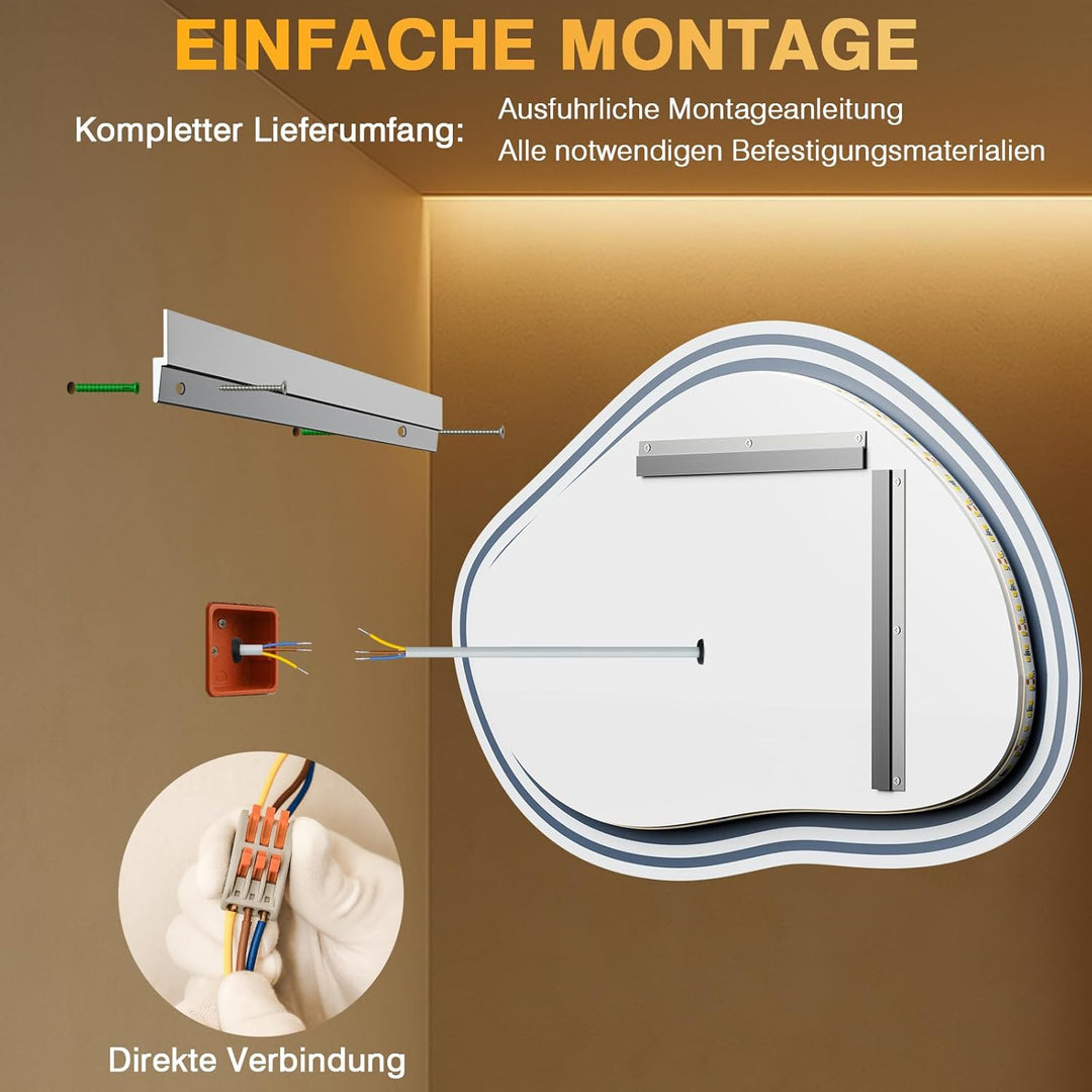 Asymmetrischer Spiegel mit Beleuchtung, Badspiegel mit Beleuchtung 80x53cm, 3 Lichtfarben, Dimmbar,