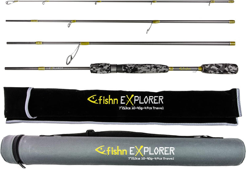 FISHN Reise Angelrute Explorer Reiserute - 213cm, 4-Teilig, Wurfgewicht 10-40gram mit Stabiler Trave