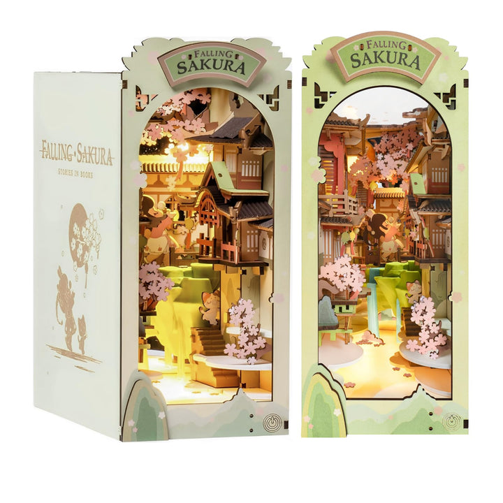 Rolife Book Nook Kits Falling Sakura-Bookshelf Insert Dioramae-Japanisch Chinesisch Bücherregal Deko