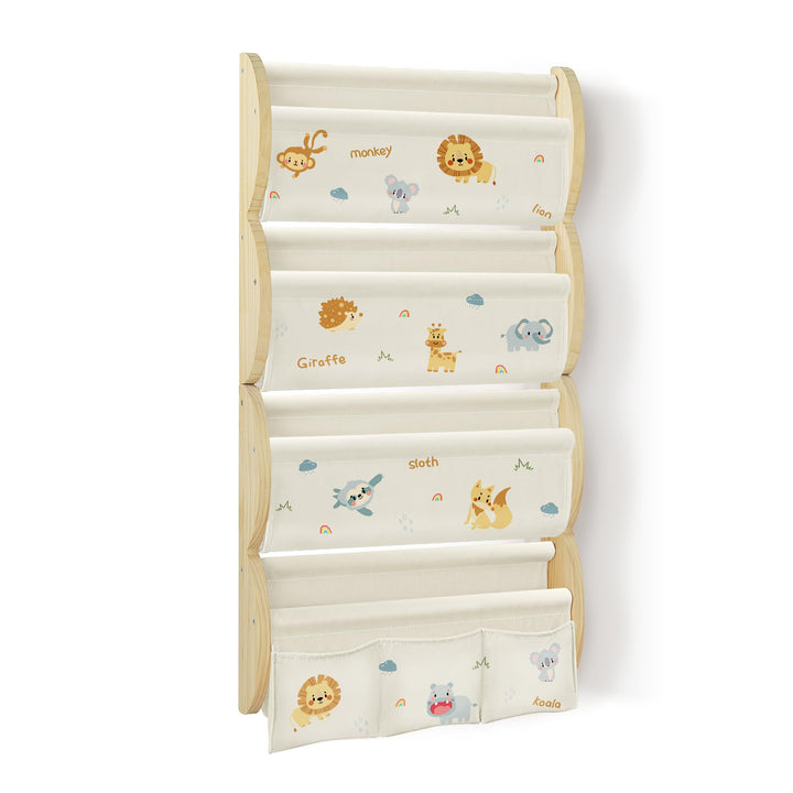 Bücherregal Kinder Wand Kinderbücherregal Montessori mit 4 Ablagen & 3 Taschen Kinderregal Wandregal