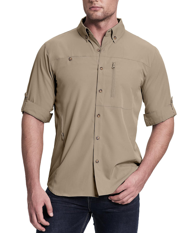 33,000ft Safari Hemd Herren Langarm Sportshemd UPF50+ UV Schutz Funktionshemd Atmungsaktiv Button-Do