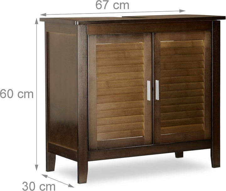 Relaxdays Waschbeckenunterschrank dunkelbraun LAMELL, Badschrank aus Bambus, Waschbeckenschrank, HBT