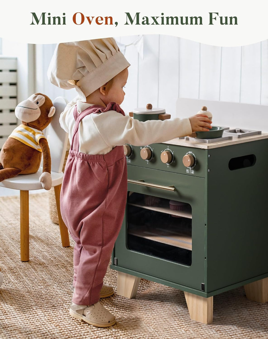 ROBOTIME Vintage Holz-Spielküchenofen für Kinder, Spielofen mit herausziehbarem Backblech & Spielleb
