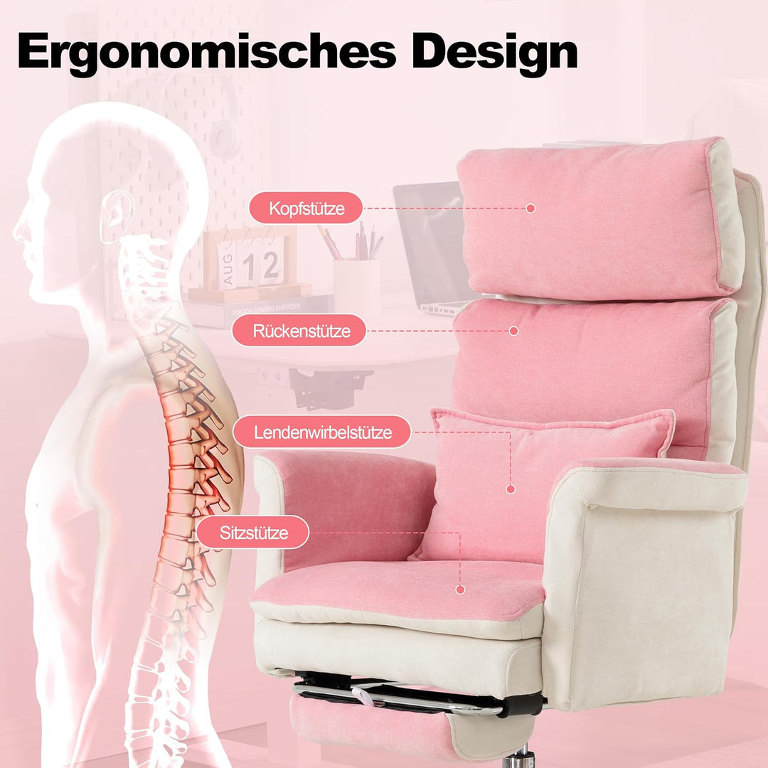UEV Bürostuhl Ergonomisch mit Fussstütze bis 226kg,Drehstuhl,Rosa | klappbare Armlehnen,Dicker Sitzp