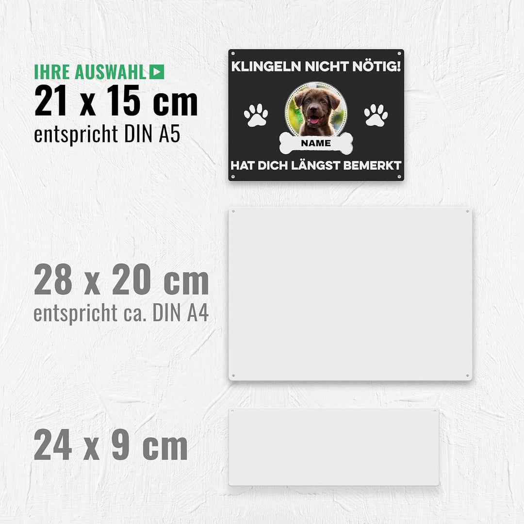 Hunde Schild personalisiert - Klingeln nicht nötig - Metallschild mit Foto und Name für aussen, wett