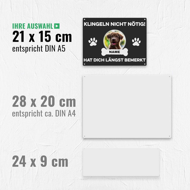 Hunde Schild personalisiert - Klingeln nicht nötig - Metallschild mit Foto und Name für aussen, wett
