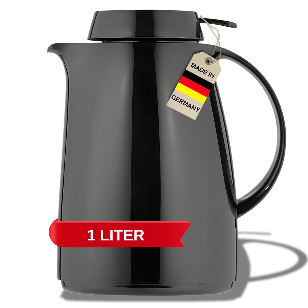 Helios Servitherm Thermoskanne Schwarz 1,0L – 6h Heiss - Hält Getränke heiss & kalt – Einhandbedienu