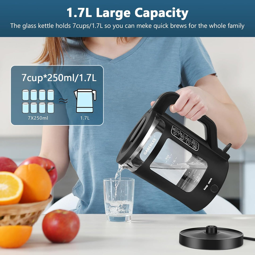 Glas Wasserkocher 1,7 Liter, 3000W mit Warmhaltefunktion, blaue LED Innenbeleuchtung, 360° drehbarer