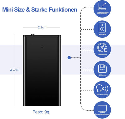 Mini Diktiergerät, TDW Mini Aufnahmegerät 8GB mit Mikrofon Digital Diktiergerät Klein USB Voice Reco