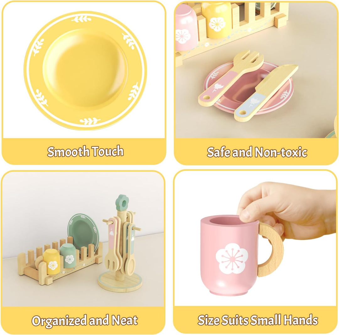 Kinderküche Geschirr Teeservice Kinder Holz, 29 Pcs Montessori Küchenzubehör mit Tassen Teller, Spie
