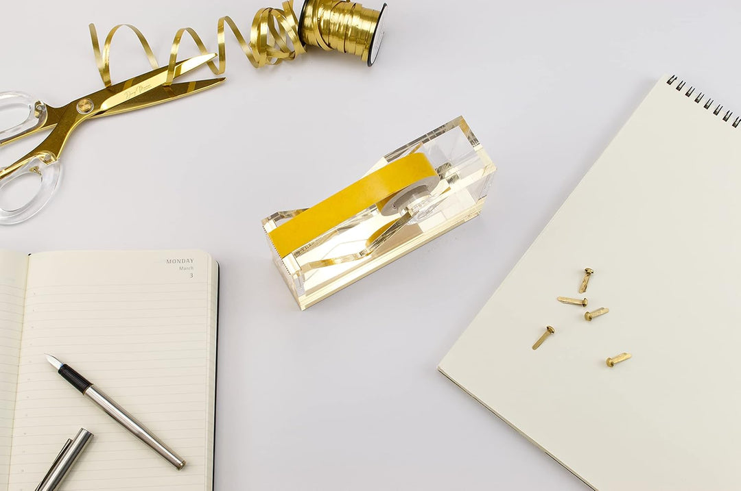 Dany Marcus Klebebandabroller, eleganter, grosser Tischabroller aus transparentem Acryl mit Gold