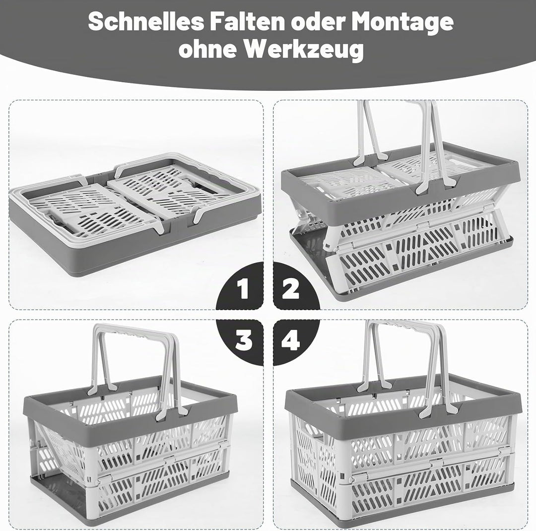 4 Stück Faltbarer Klappbox mit Henkel, 30 x 20 x 16 cm Kleiner Einkaufskorb, Camping Klappkorb, Plas