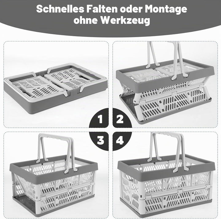4 Stück Faltbarer Klappbox mit Henkel, 30 x 20 x 16 cm Kleiner Einkaufskorb, Camping Klappkorb, Plas