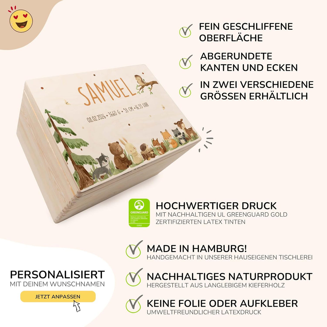 KIDSMOOD - Erinnerungsbox Baby, personalisierte Holzkiste mit Deckel, Ideal zur Aufbewahrung von Eri