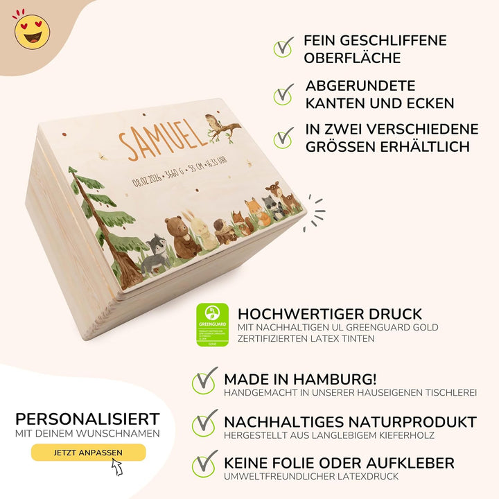 KIDSMOOD - Erinnerungsbox Baby, personalisierte Holzkiste mit Deckel, Ideal zur Aufbewahrung von Eri